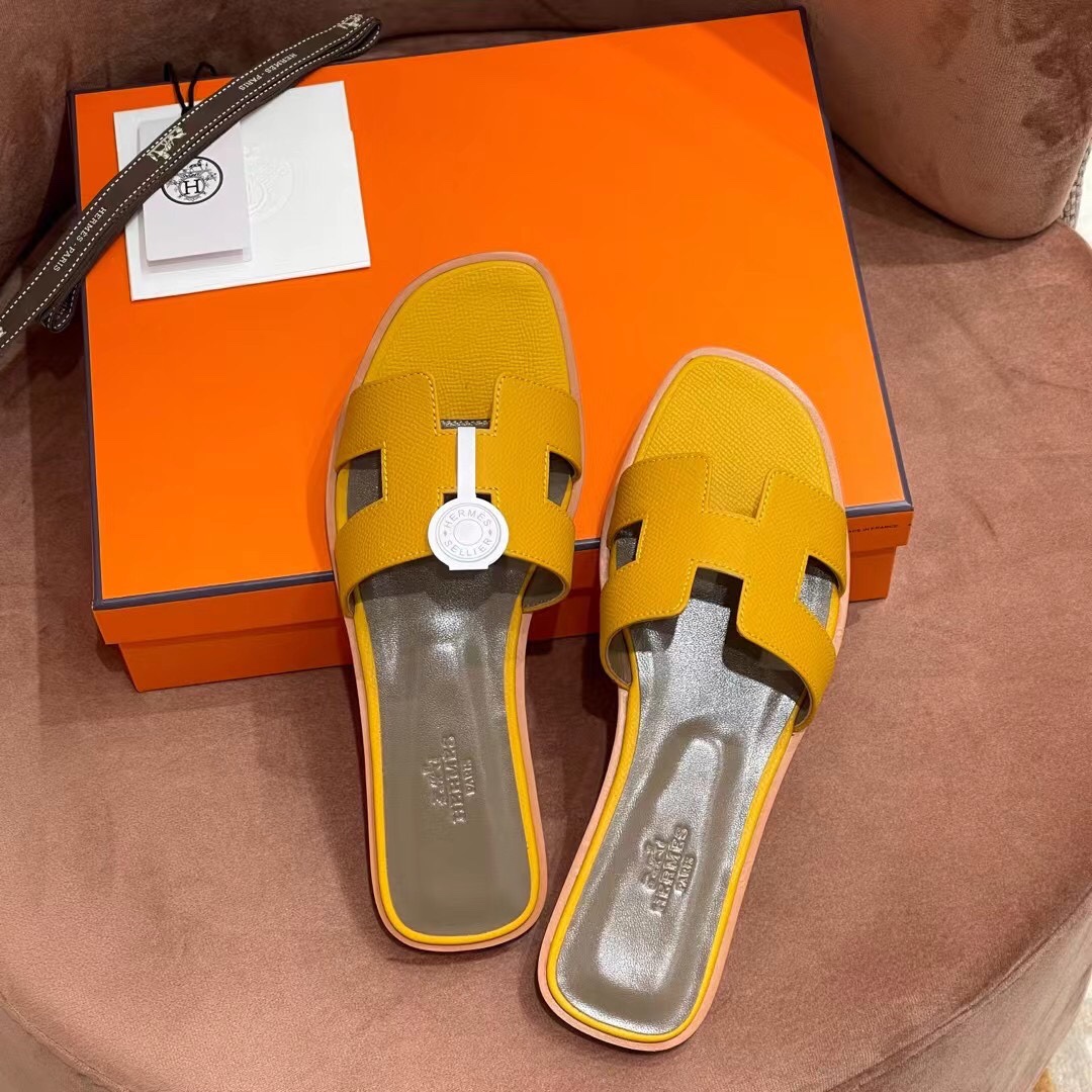 HERMES 爱马仕 H拖鞋 34-41码 原厂同步 进口真皮大底 全手工制作 9D 琥珀黄