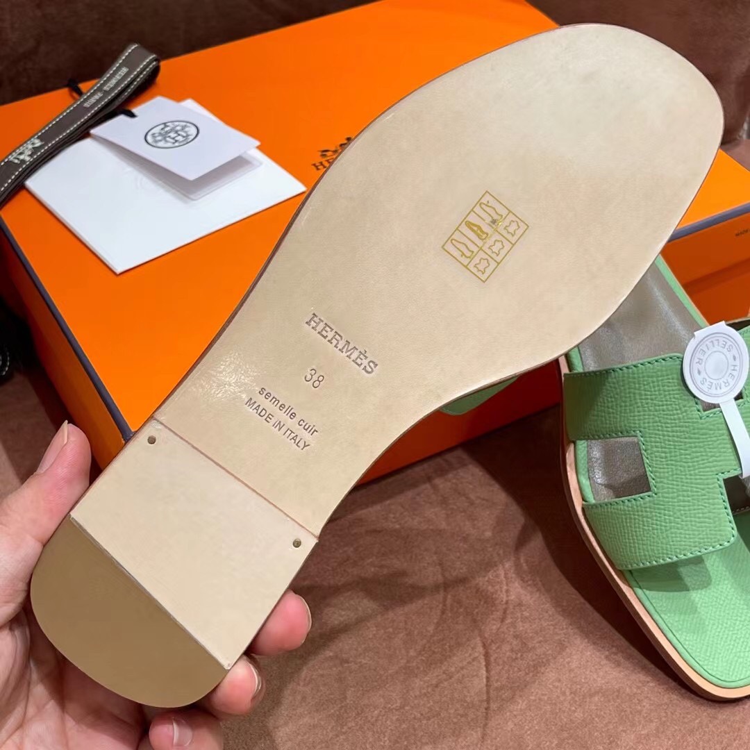HERMES 爱马仕 H拖鞋 34-41码 原厂同步 进口真皮大底 全手工制作 3i 牛油果绿