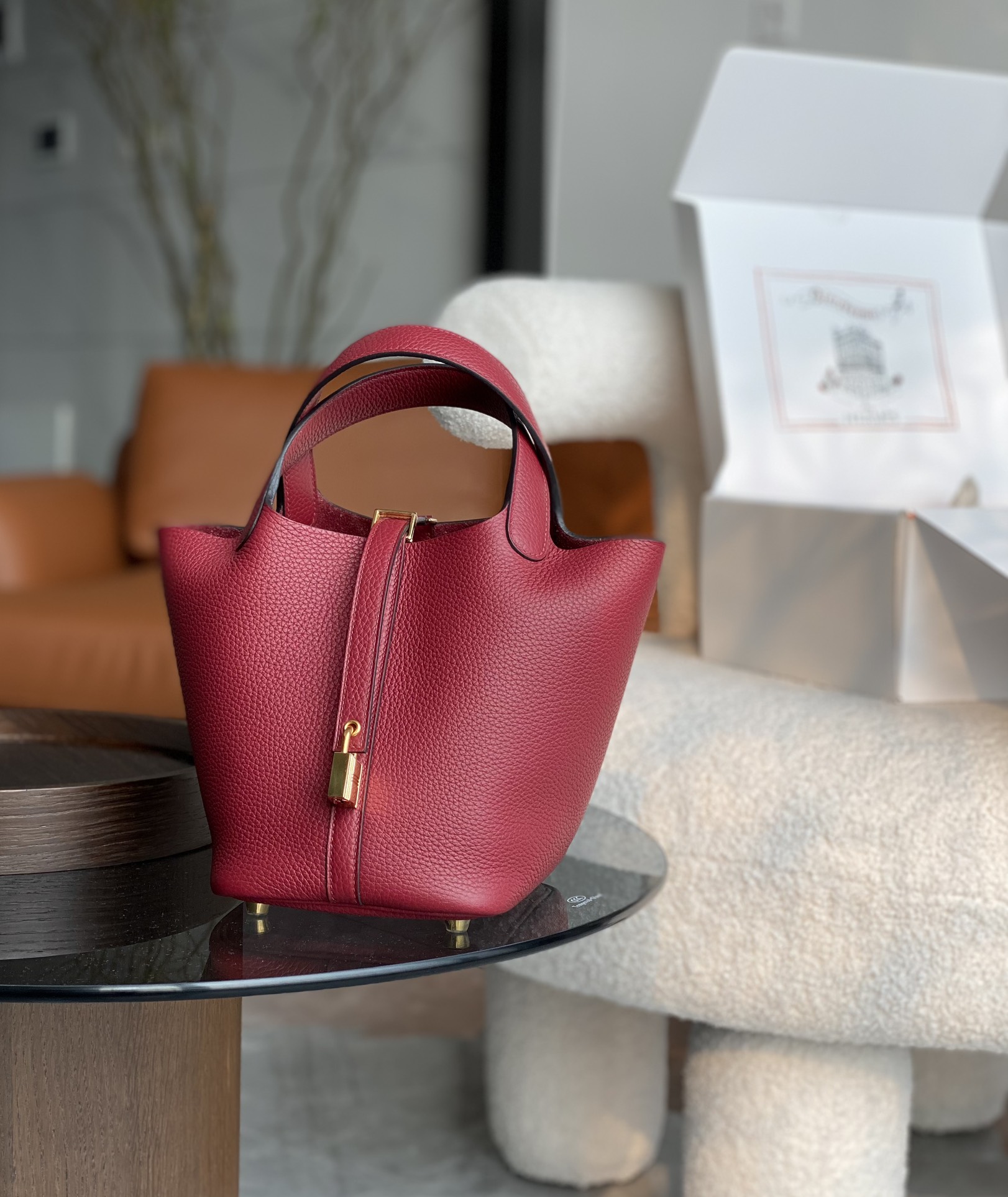 HERMES 爱马仕官网推荐 菜篮子 Picotin 纯手工 55 Rouge H爱马仕红 TC皮 进口蜜蜡线 全手工制作