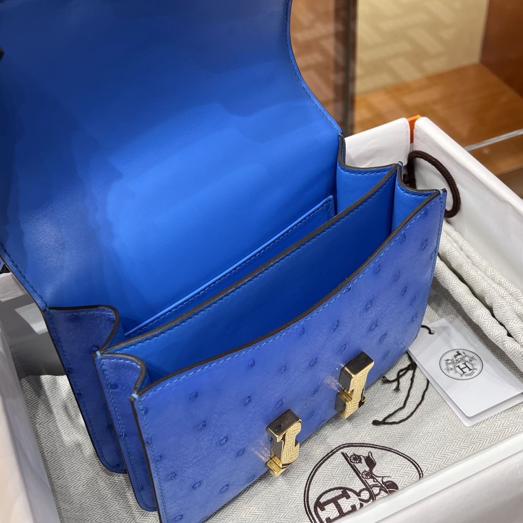 HERMES 爱马仕 【现货】Constance 19CM 7T Bleu electrique电光蓝 Ostrich 鸵鸟皮 现货 进口蜜蜡线 全手工制作 铂金女王 Birkinmm