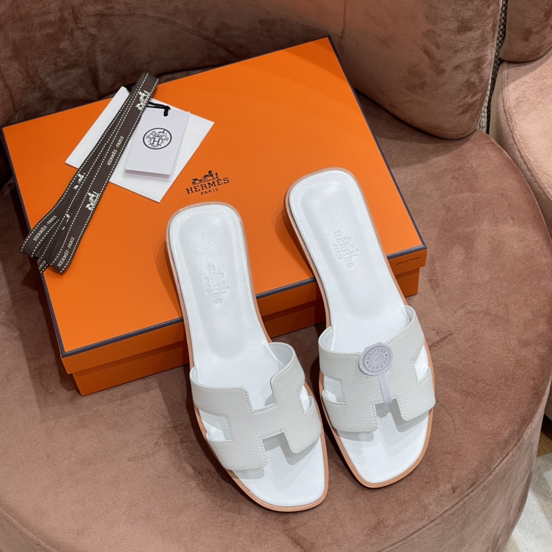 HERMES 爱马仕 H拖鞋 34-41码 原厂同步 进口真皮大底 全手工制作 01 Blanc 纯白色