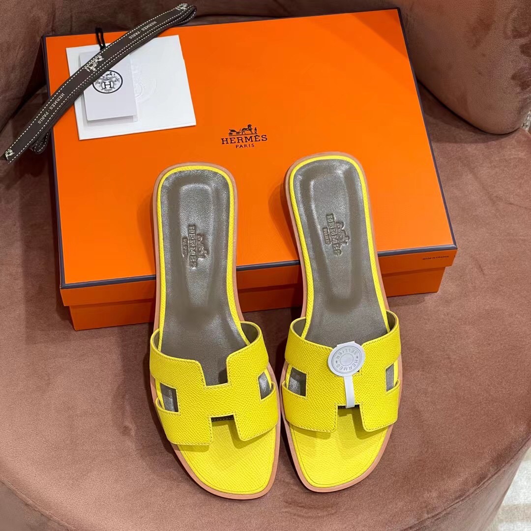 HERMES 爱马仕 H拖鞋 34-41码 原厂同步 进口真皮大底 全手工制作 9N Citron 柠檬黄