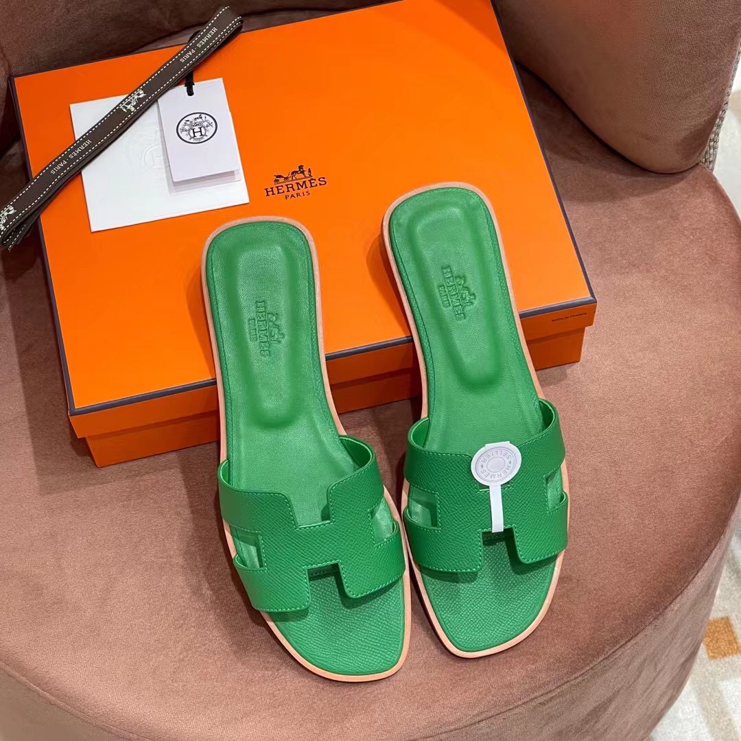 HERMES 爱马仕 H拖鞋 34-41码 原厂同步 进口真皮大底 全手工制作 1K Bambou竹子绿