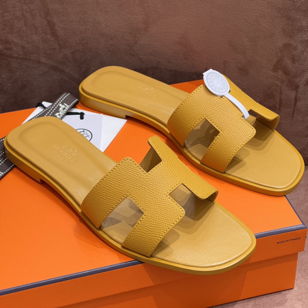 HERMES 爱马仕 H拖鞋 34-41码 原厂同步 进口真皮大底 全手工制作 9D 琥珀黄