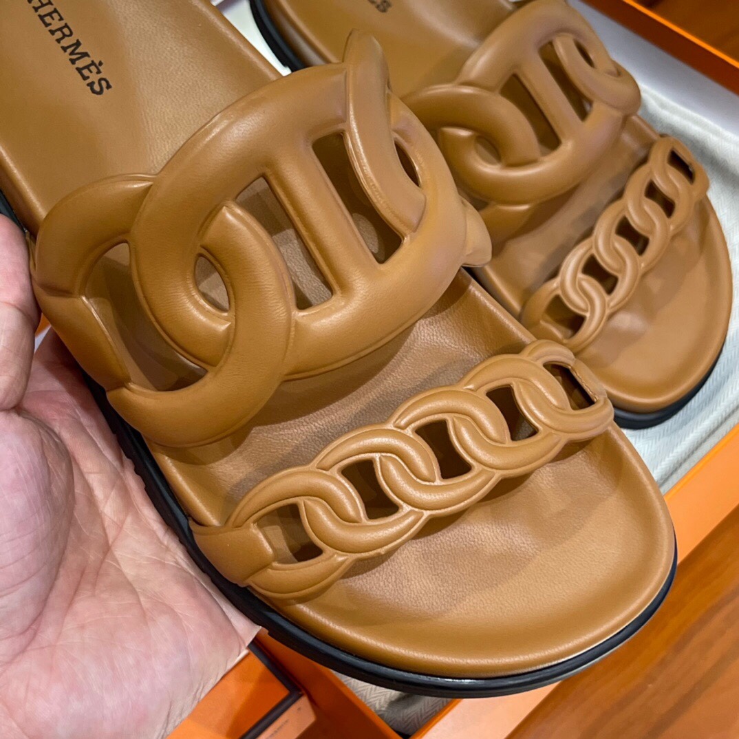 HERMES 爱马仕 猪鼻子拖鞋 34-41码 原厂同步 进口真皮大底 全手工制作 CK37金棕色