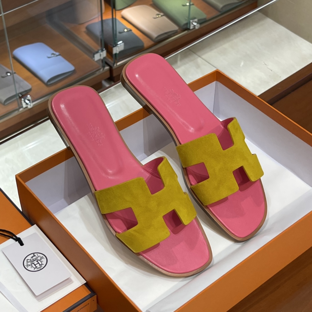 HERMES 爱马仕 H拖鞋 34-41码 原厂同步 进口真皮大底 全手工制作 9D 琥珀黄拼斋普尔粉T5 Rose Jeipur
