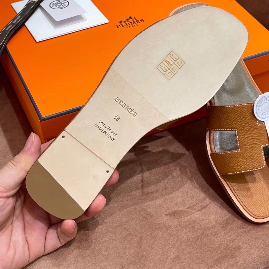 HERMES 爱马仕 H拖鞋 34-41码 原厂同步 进口真皮大底 全手工制作 CK37 金棕色