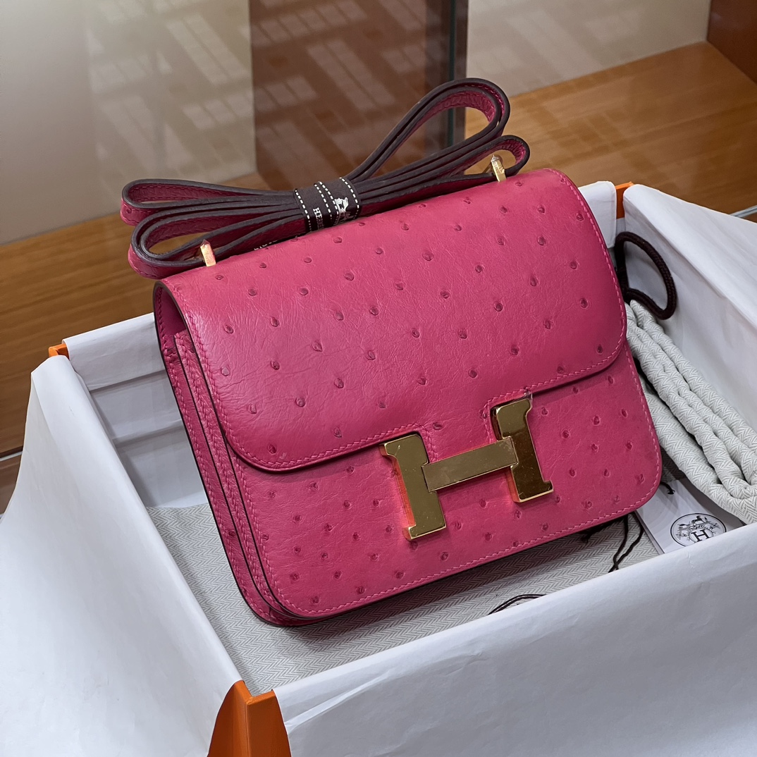 HERMES 爱马仕 【现货】Constance 19CM 5J Fushsia悬铃花紫/桃红色 Ostrich 鸵鸟皮 现货 进口蜜蜡线 全手工制作 铂金女王 Birkinmm