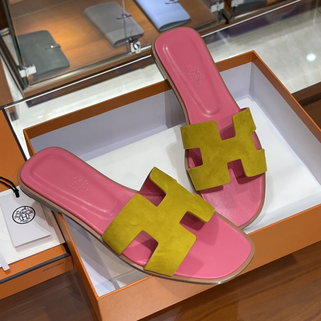 HERMES 爱马仕 H拖鞋 34-41码 原厂同步 进口真皮大底 全手工制作 9D 琥珀黄拼斋普尔粉T5 Rose Jeipur