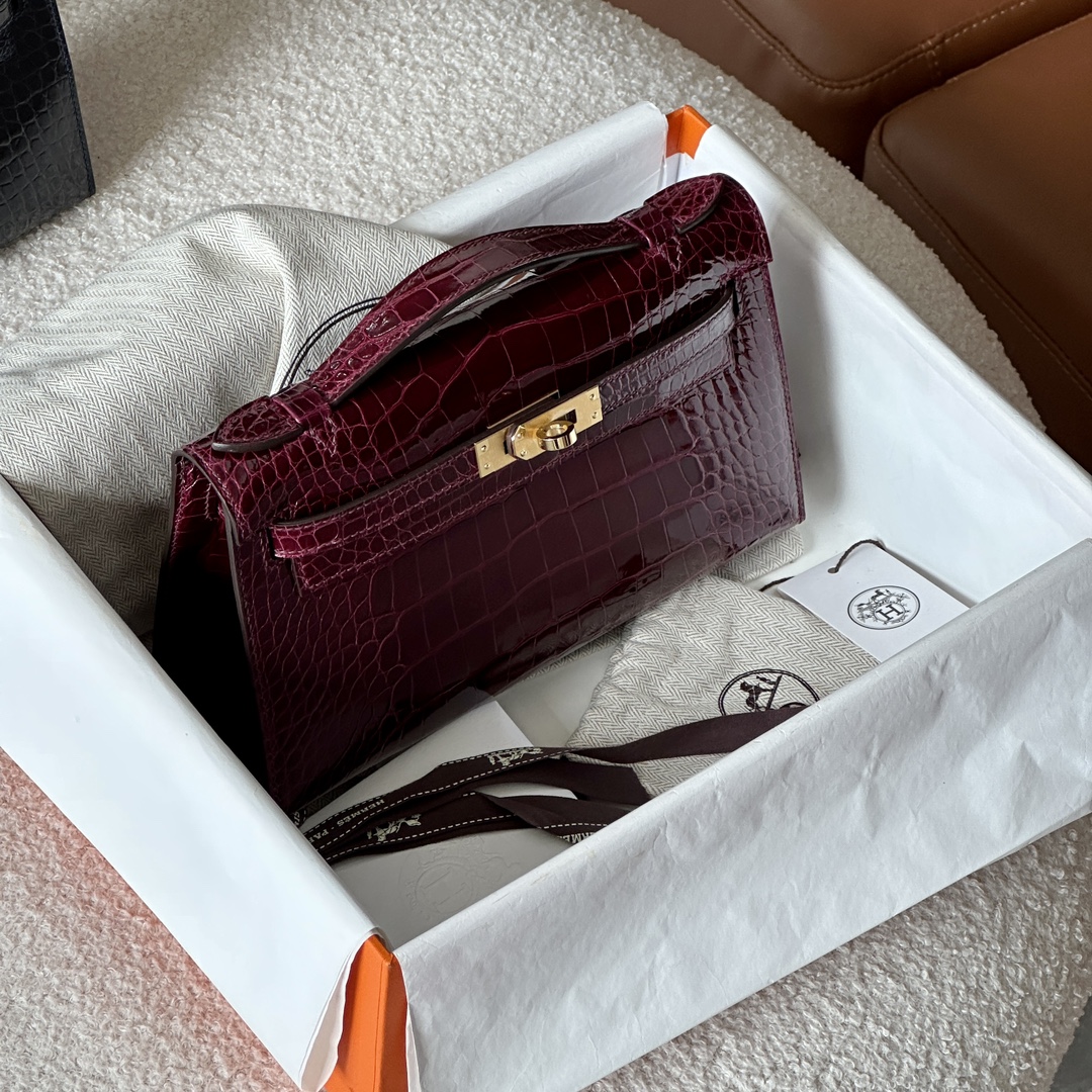HERMES 爱马仕  MiniKelly 1 57 Bordeaux波尔多红 鳄鱼皮 进口蜜蜡线 全手工制作