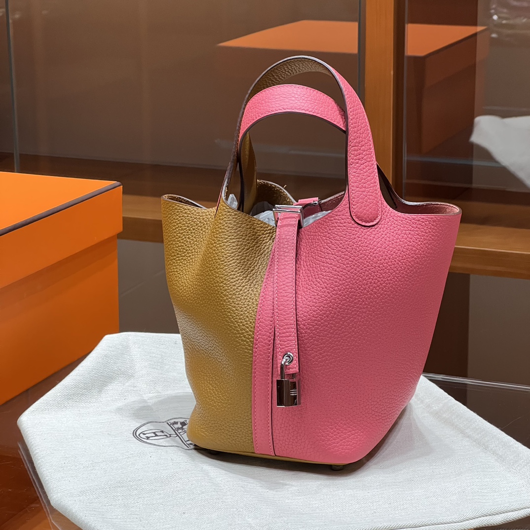 HERMES 爱马仕官网推荐 菜篮子 Picotin 纯手工 CK37 金棕色 U5 Rose eLipstick唇膏粉 TC皮 进口蜜蜡线 全手工制作
