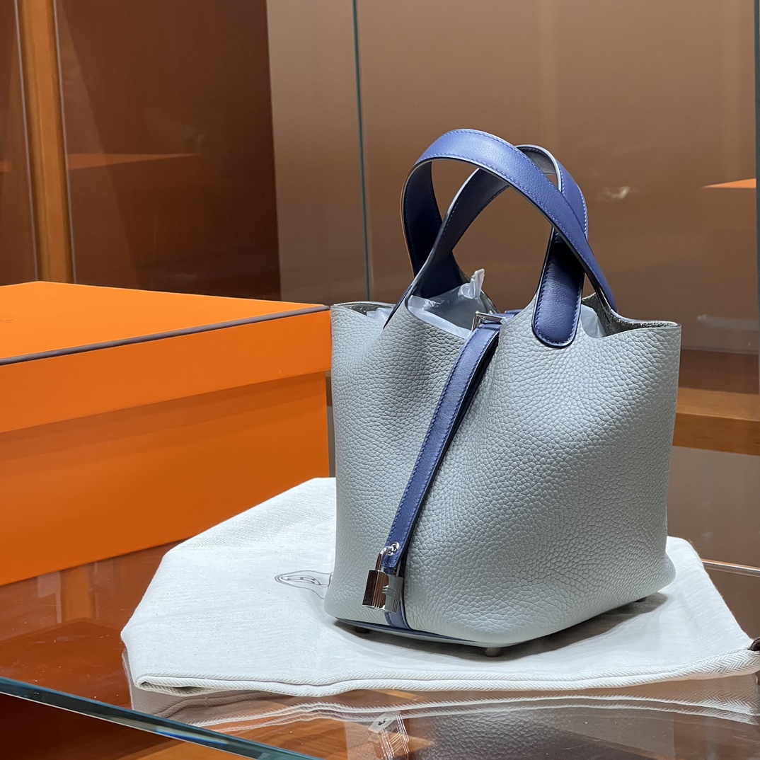 HERMES 爱马仕官网推荐 菜篮子 Picotin 纯手工 4Z 海鸥灰 75 Blue Jean牛仔蓝 TC皮 进口蜜蜡线 全手工制作