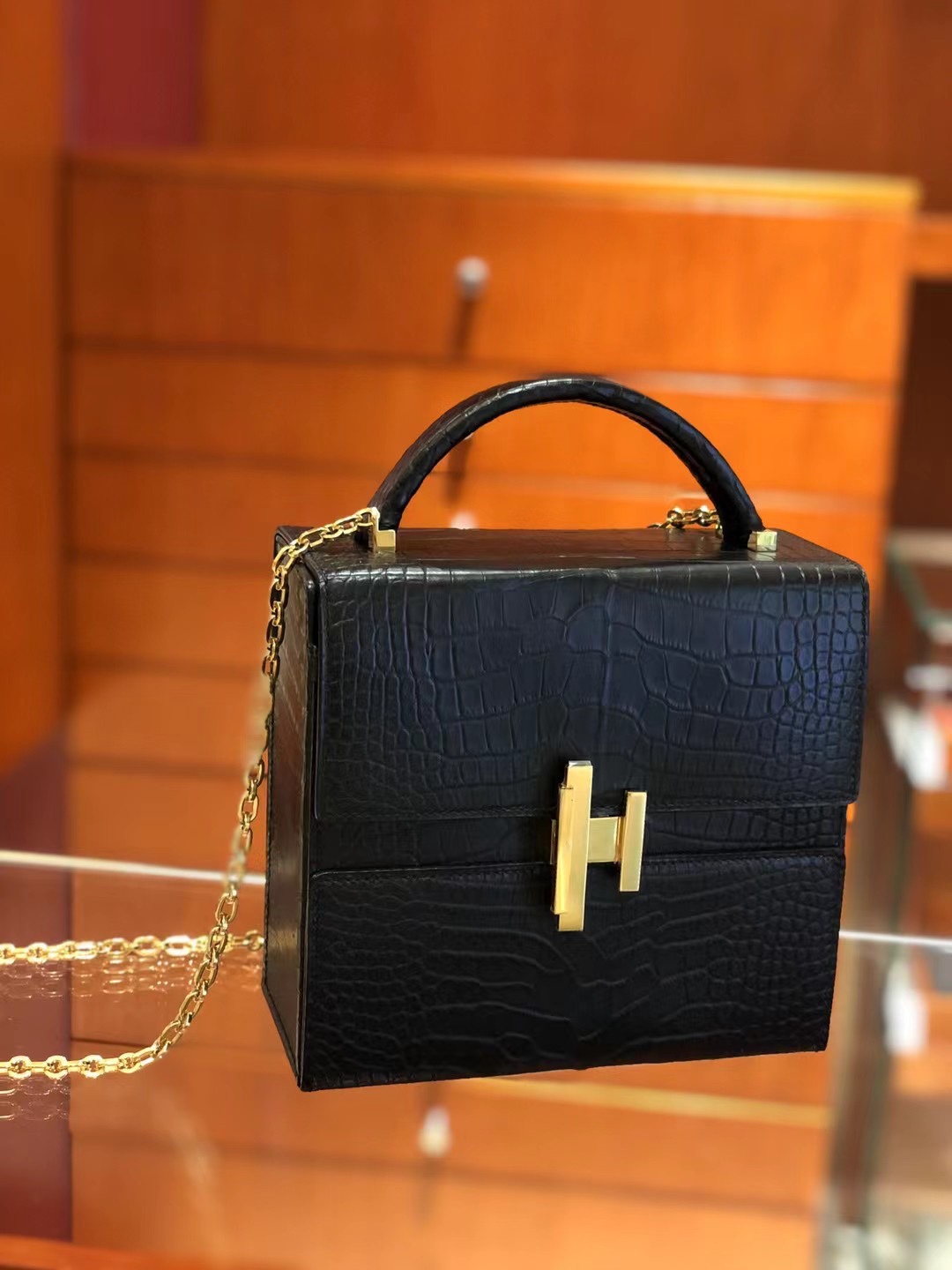 HERMES 爱马仕 Cinhetic 走秀款盒子包 89 Nior 经典黑 鳄鱼皮 进口蜜蜡线 全手工制作