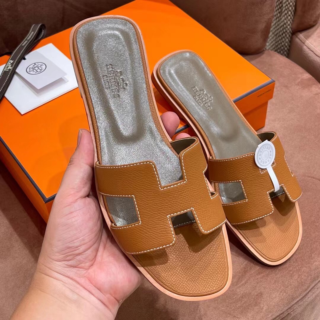HERMES 爱马仕 H拖鞋 34-41码 原厂同步 进口真皮大底 全手工制作 CK37 金棕色
