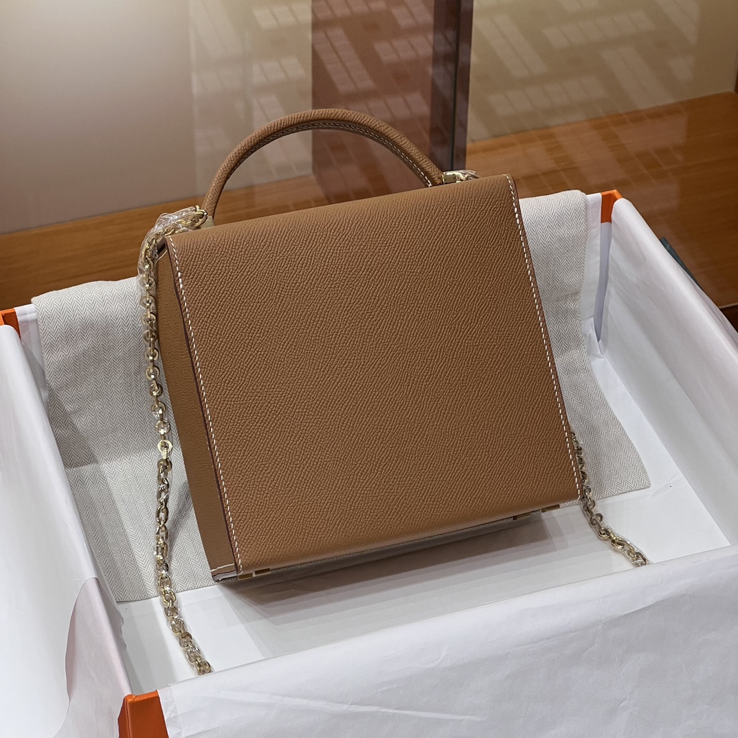 HERMES 爱马仕 Cinhetic 走秀款盒子包 CK37 金棕色 Epsom 进口蜜蜡线 全手工制作