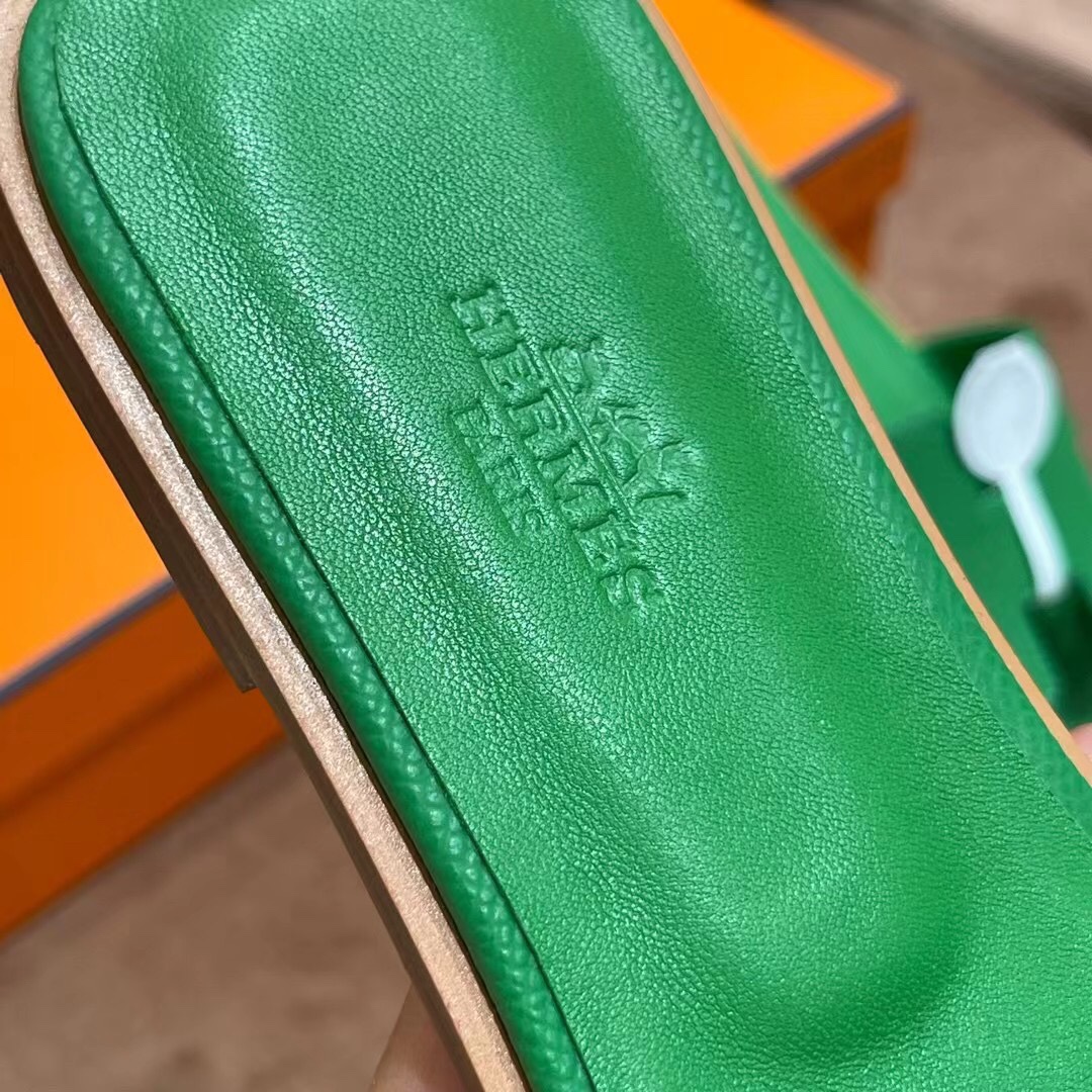 HERMES 爱马仕 H拖鞋 34-41码 原厂同步 进口真皮大底 全手工制作 1K Bambou竹子绿
