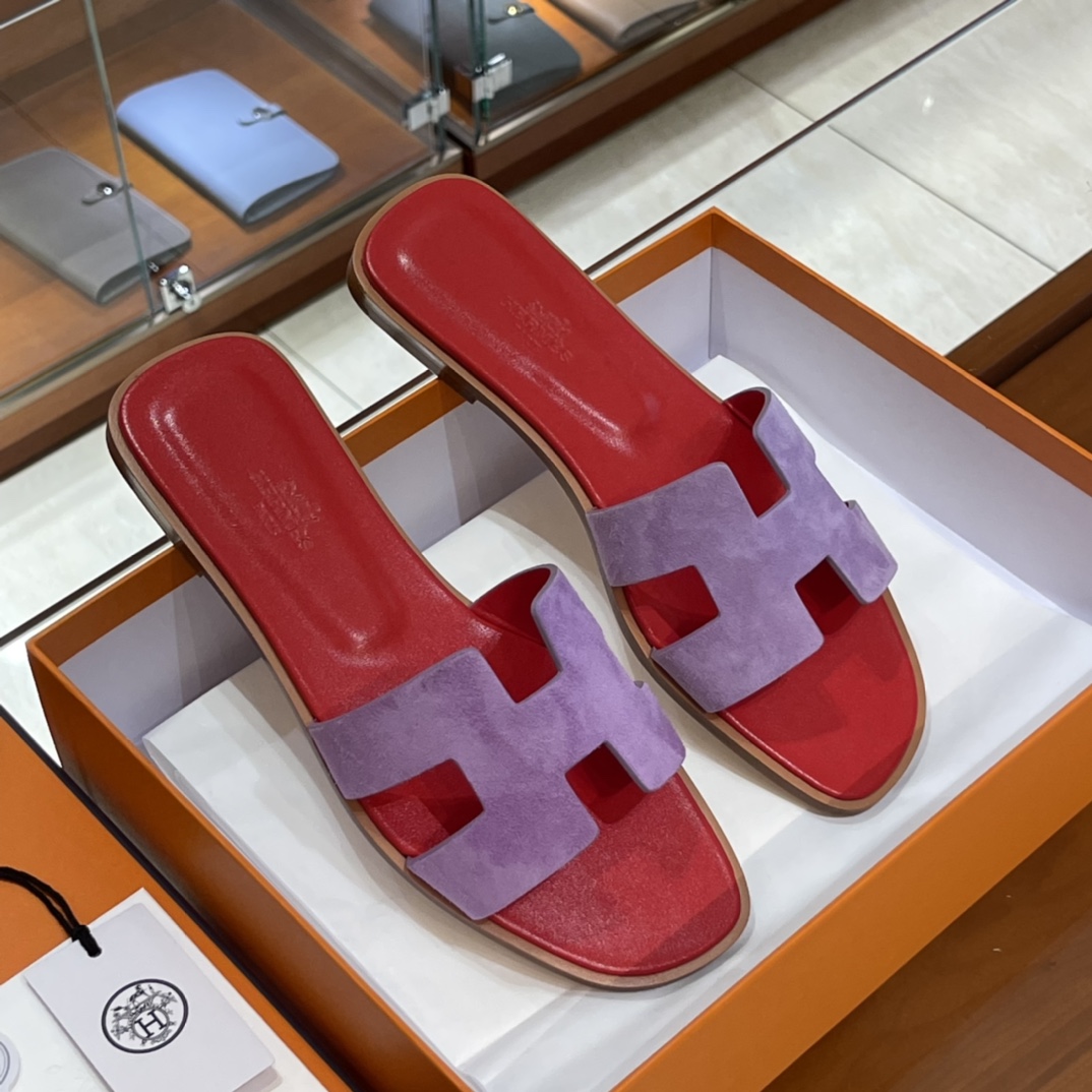 HERMES 爱马仕 H拖鞋 34-41码 原厂同步 进口真皮大底 全手工制作 S5 Rouge Tomate 法拉利红拼96 violet紫罗兰