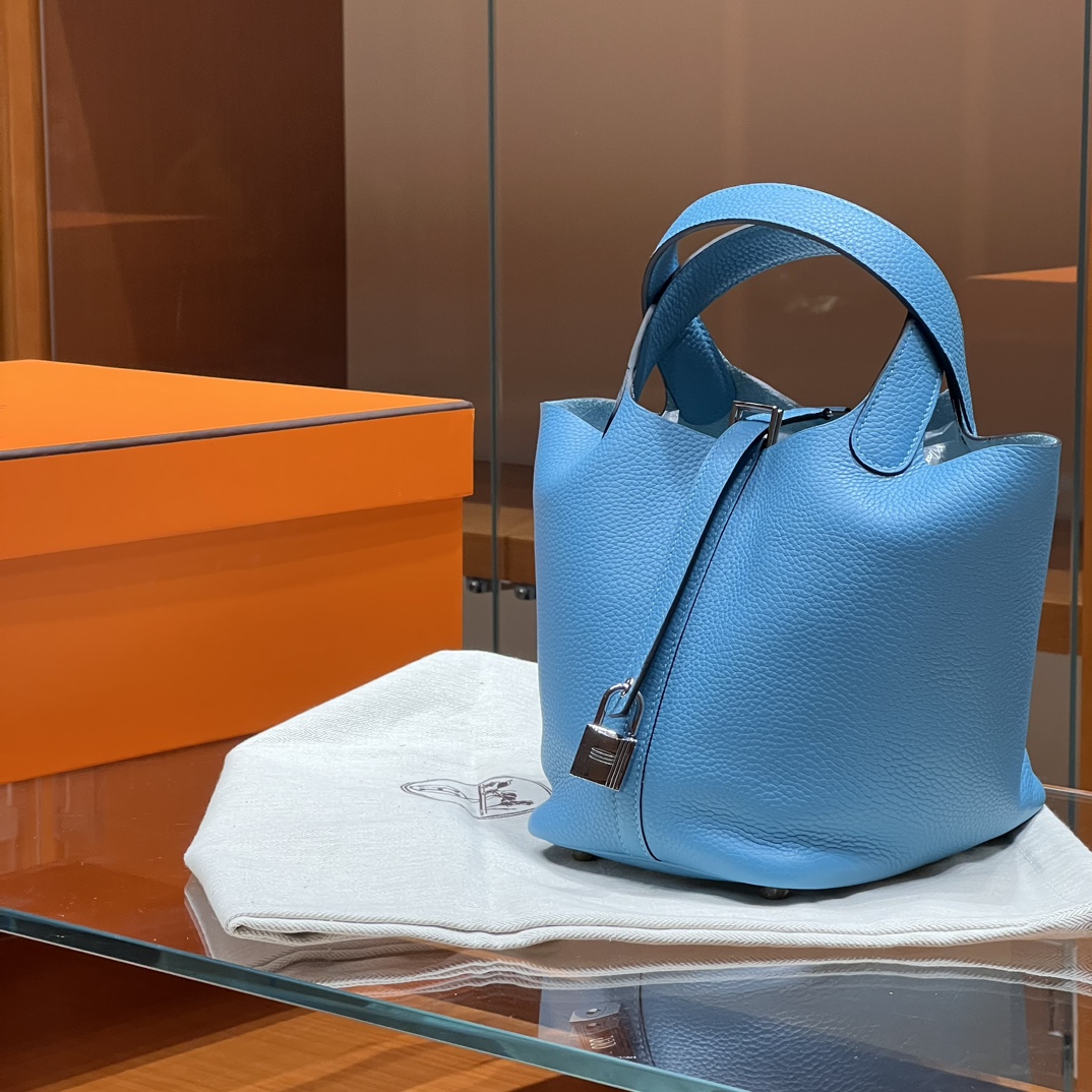 HERMES 爱马仕官网推荐 菜篮子 Picotin 纯手工 0F 佛罗里达蓝 TC皮 进口蜜蜡线 全手工制作