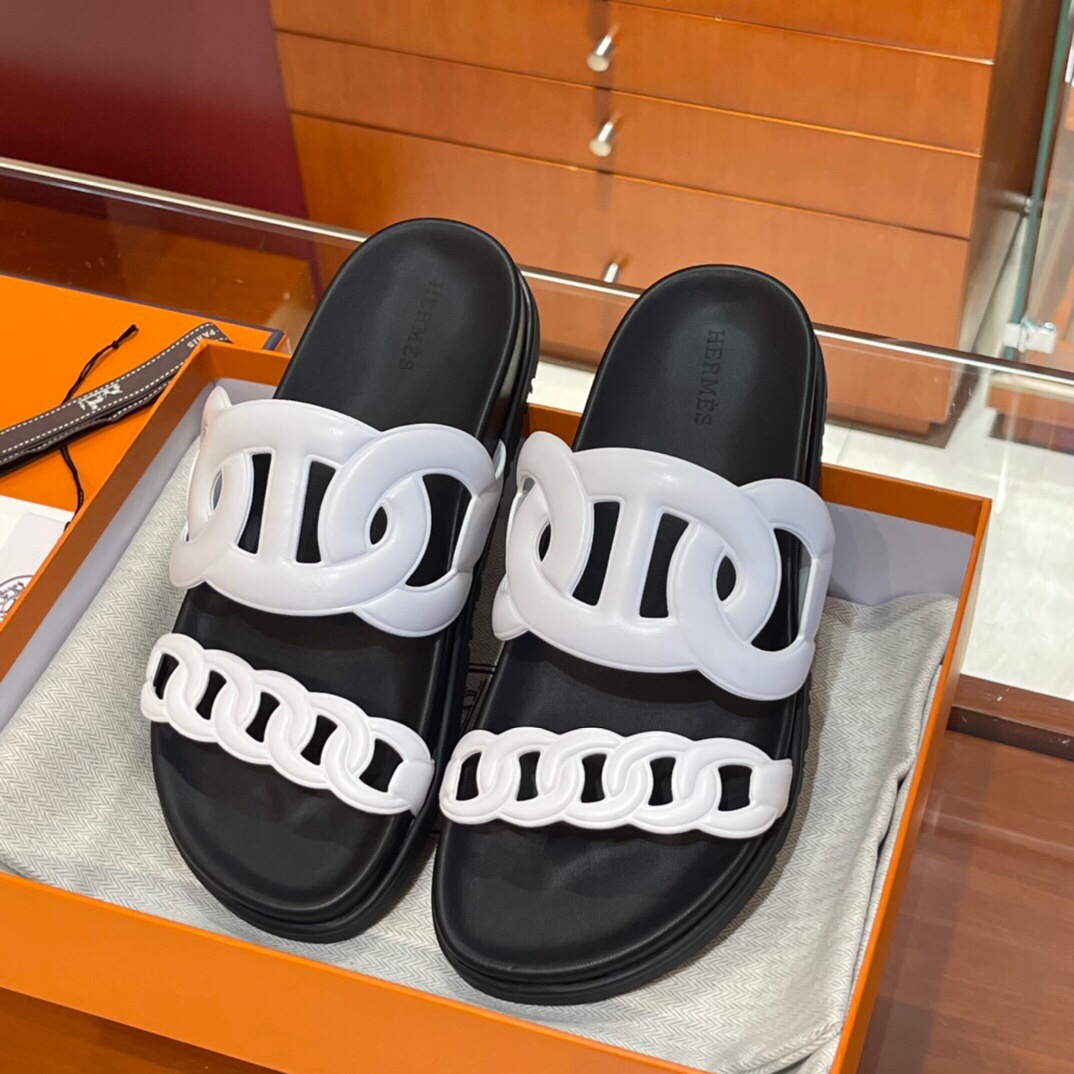 HERMES 爱马仕 猪鼻子拖鞋 34-41码 原厂同步 进口真皮大底 全手工制作 黑白拼