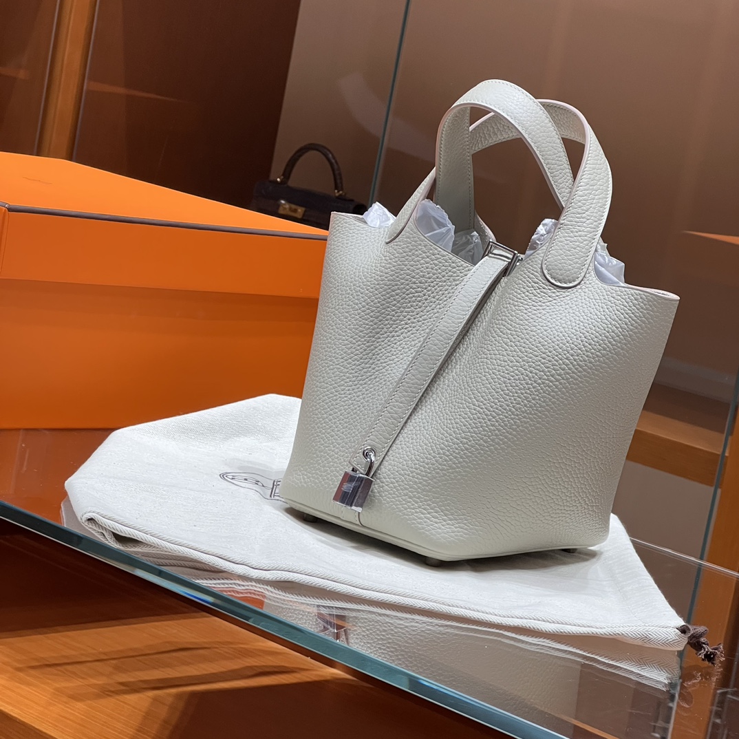 HERMES 爱马仕官网推荐 菜篮子 Picotin 纯手工 10 Craie 奶昔白 TC皮 进口蜜蜡线 全手工制作