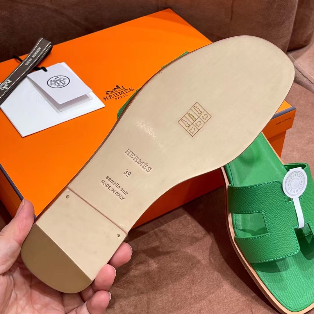 HERMES 爱马仕 H拖鞋 34-41码 原厂同步 进口真皮大底 全手工制作 1K Bambou竹子绿