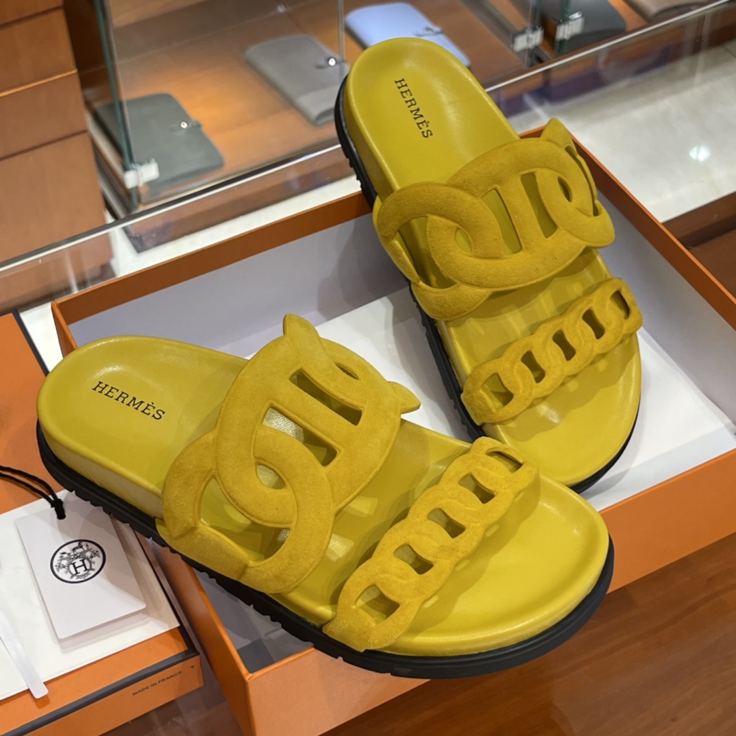 HERMES 爱马仕 猪鼻子拖鞋 34-41码 原厂同步 进口真皮大底 全手工制作 9D 琥珀黄