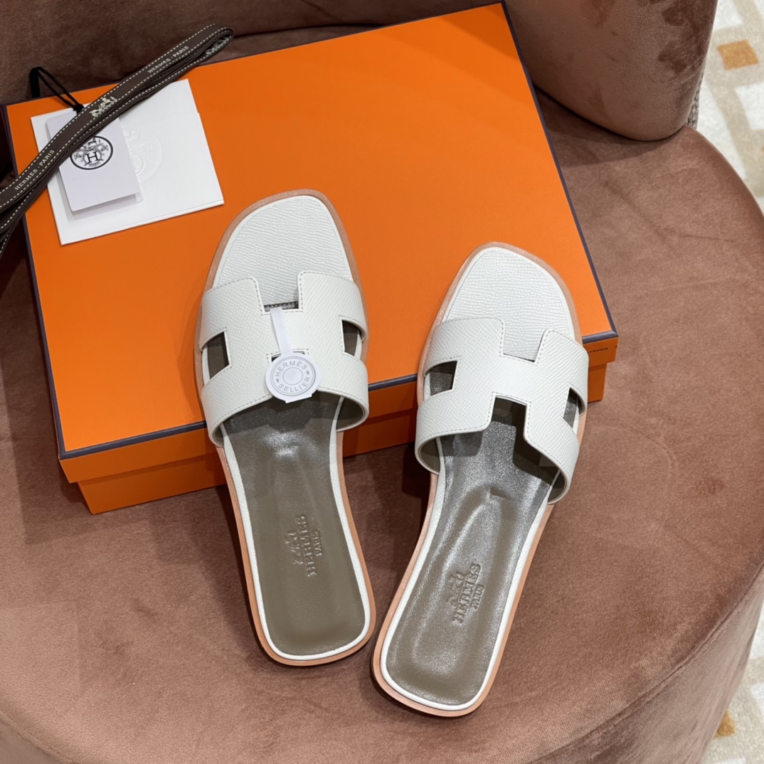 HERMES 爱马仕 H拖鞋 34-41码 原厂同步 进口真皮大底 全手工制作 01 Blanc 白色