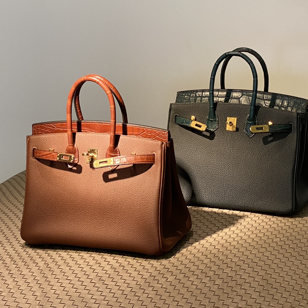 HERMES 爱马仕 Birkin 25cm/30cm CK37 金棕色/67 Vert Fonce深绿色 鳄鱼皮拼TOGO皮 进口蜜蜡线 全手工制作