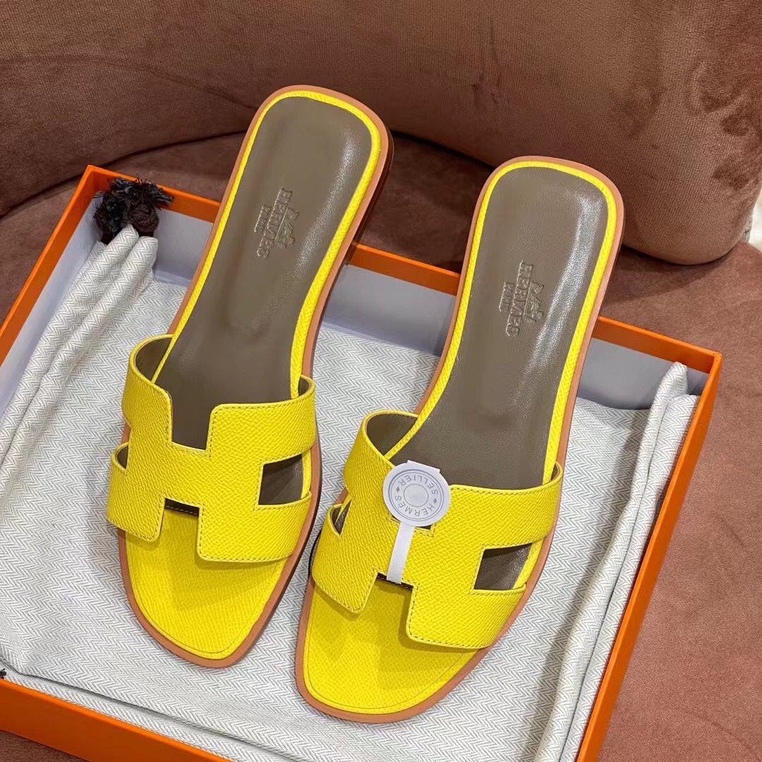 HERMES 爱马仕 H拖鞋 34-41码 原厂同步 进口真皮大底 全手工制作 9N Citron 柠檬黄