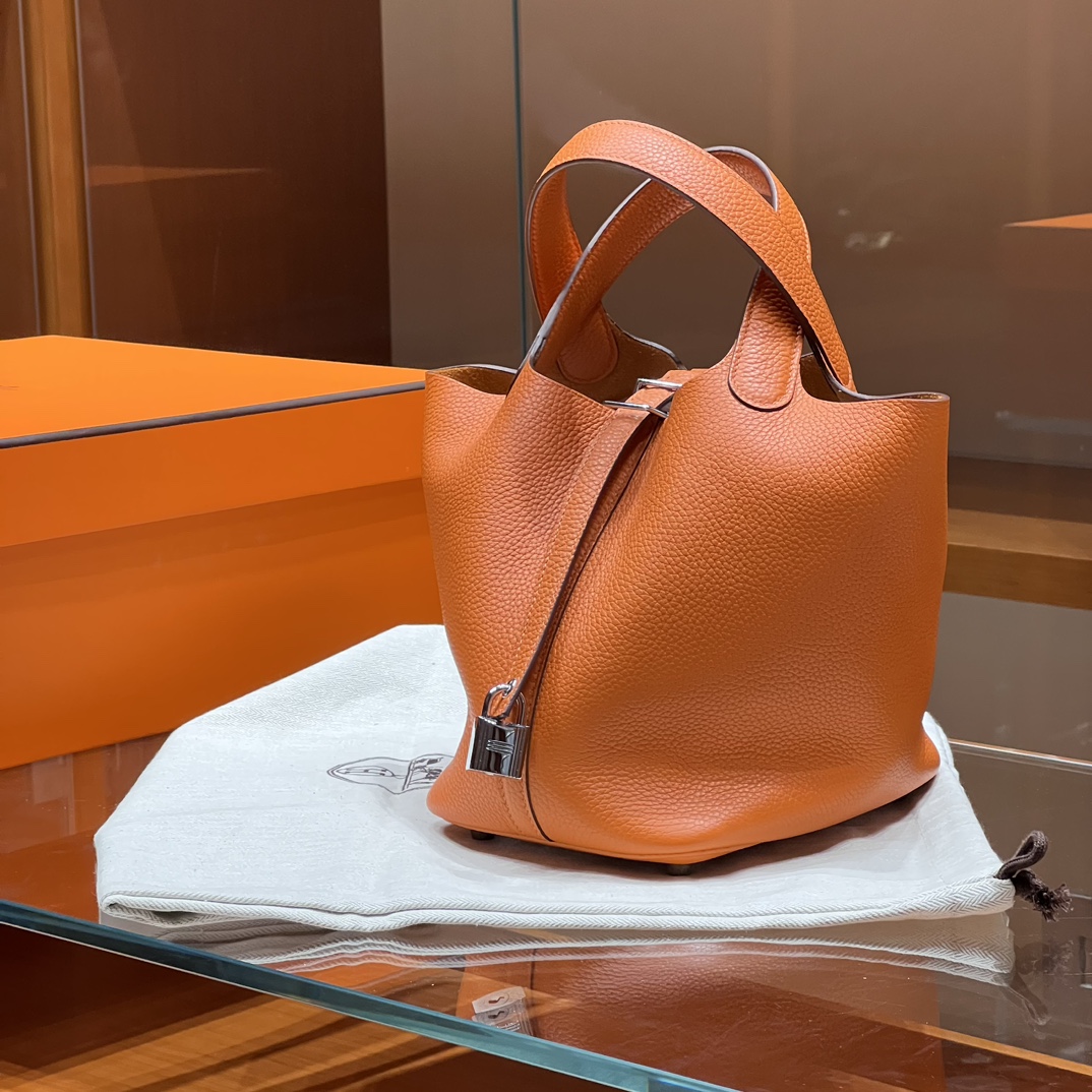 HERMES 爱马仕官网推荐 菜篮子 Picotin 纯手工 93 Orange 橙色 TC皮 进口蜜蜡线 全手工制作