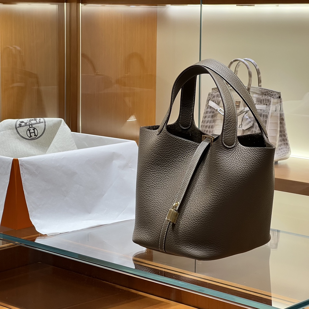 HERMES 爱马仕官网推荐 菜篮子 Picotin 纯手工 8C Gri Elephant 大象灰 TC皮 进口蜜蜡线 全手工制作