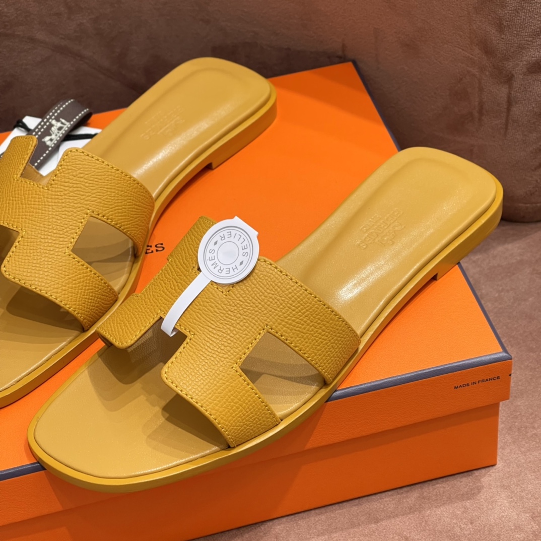 HERMES 爱马仕 H拖鞋 34-41码 原厂同步 进口真皮大底 全手工制作 9D 琥珀黄