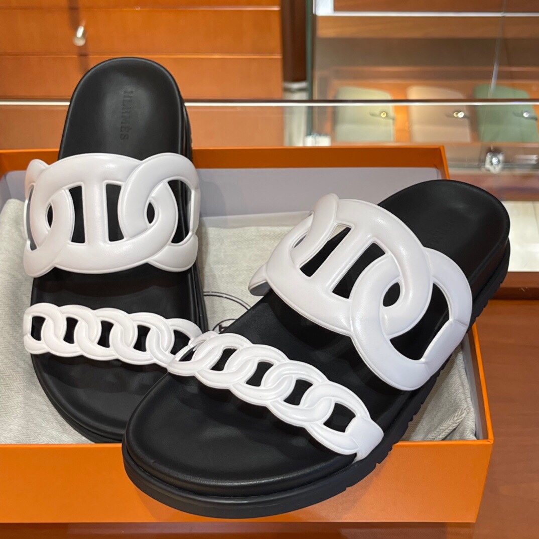 HERMES 爱马仕 猪鼻子拖鞋 34-41码 原厂同步 进口真皮大底 全手工制作 黑白拼