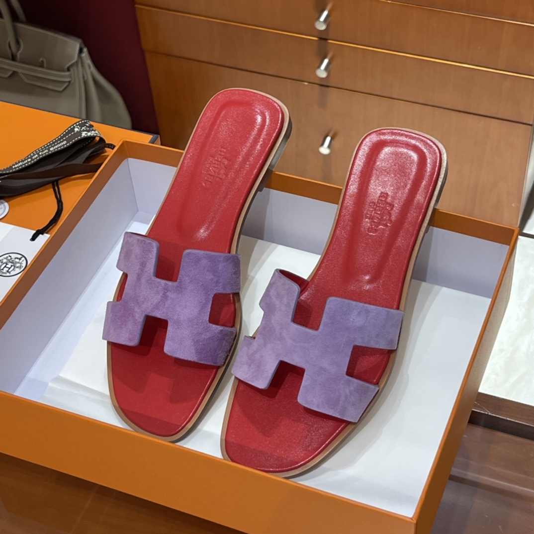 HERMES 爱马仕 H拖鞋 34-41码 原厂同步 进口真皮大底 全手工制作 S5 Rouge Tomate 法拉利红拼96 violet紫罗兰