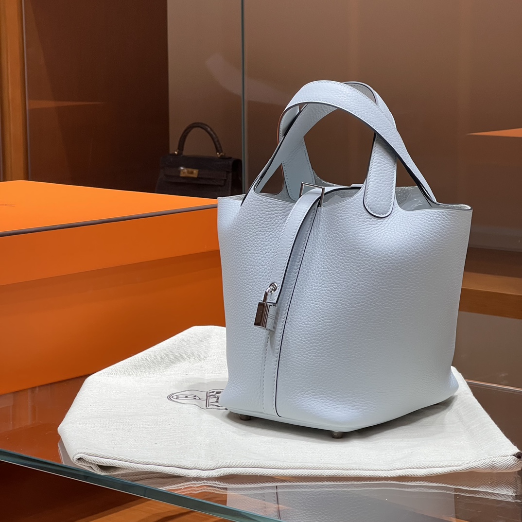 HERMES 爱马仕官网推荐 菜篮子 Picotin 纯手工 0T 圣杯蓝 TC皮 进口蜜蜡线 全手工制作