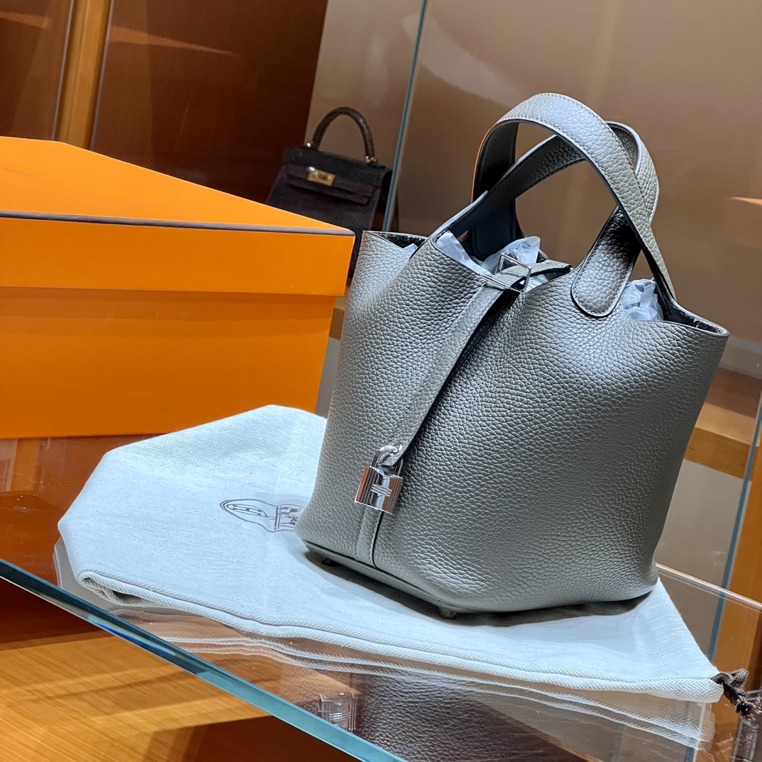 HERMES 爱马仕官网推荐 菜篮子 Picotin 纯手工 8F Etain 锡器灰 TC皮 进口蜜蜡线 全手工制作