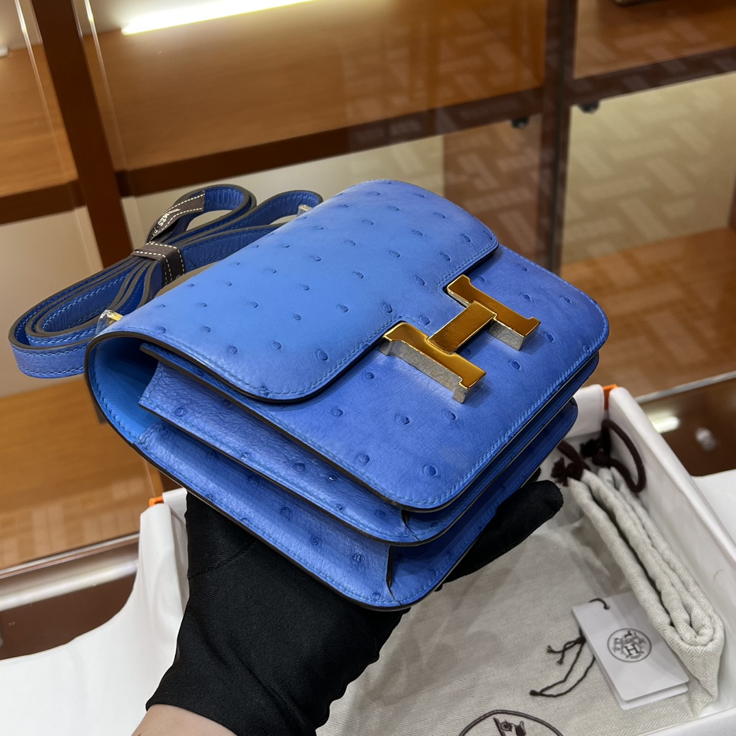 HERMES 爱马仕 【现货】Constance 19CM 7T Bleu electrique电光蓝 Ostrich 鸵鸟皮 现货 进口蜜蜡线 全手工制作 铂金女王 Birkinmm