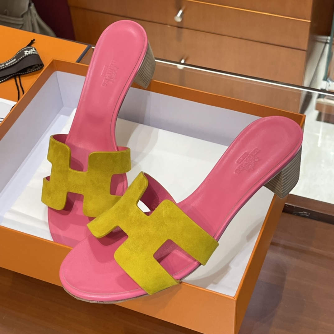 HERMES 爱马仕 H拖鞋 34-41码 原厂同步 进口真皮大底 全手工制作 9D 琥珀黄拼斋普尔粉T5 Rose Jeipur