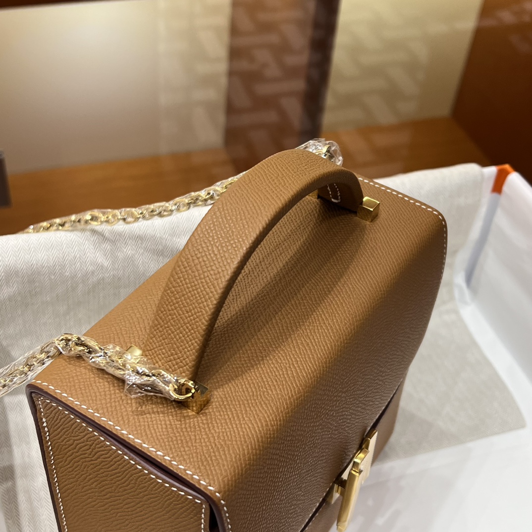 HERMES 爱马仕 Cinhetic 走秀款盒子包 CK37 金棕色 Epsom 进口蜜蜡线 全手工制作