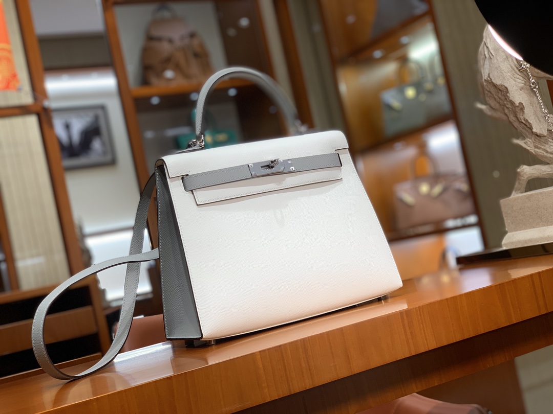 HERMES 爱马仕 Kelly 25 01 Blanc白色 8M Gris Paris 巴黎灰 进口蜜蜡线 全手工制作