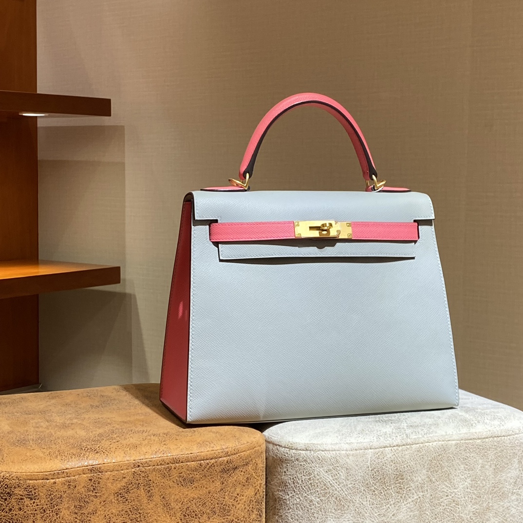 HERMES 爱马仕 Kelly 25 M8 Gris Asphalte 沥青灰 T5 Rose Jeipur斋普尔粉 进口蜜蜡线 全手工制作