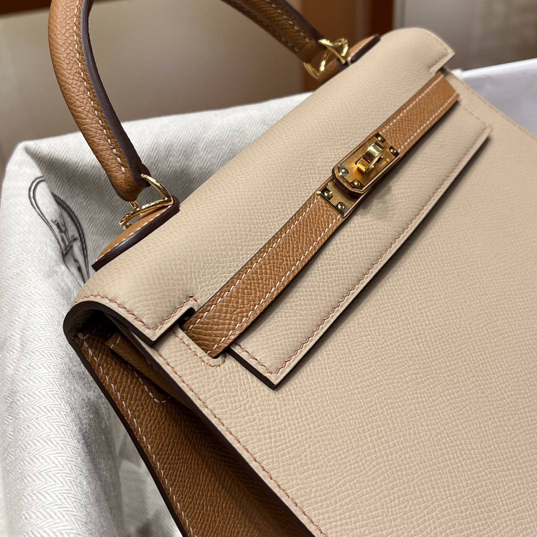 HERMES 爱马仕 Kelly 25 S2 Trench风衣米 CK37金棕色 进口蜜蜡线 全手工制作