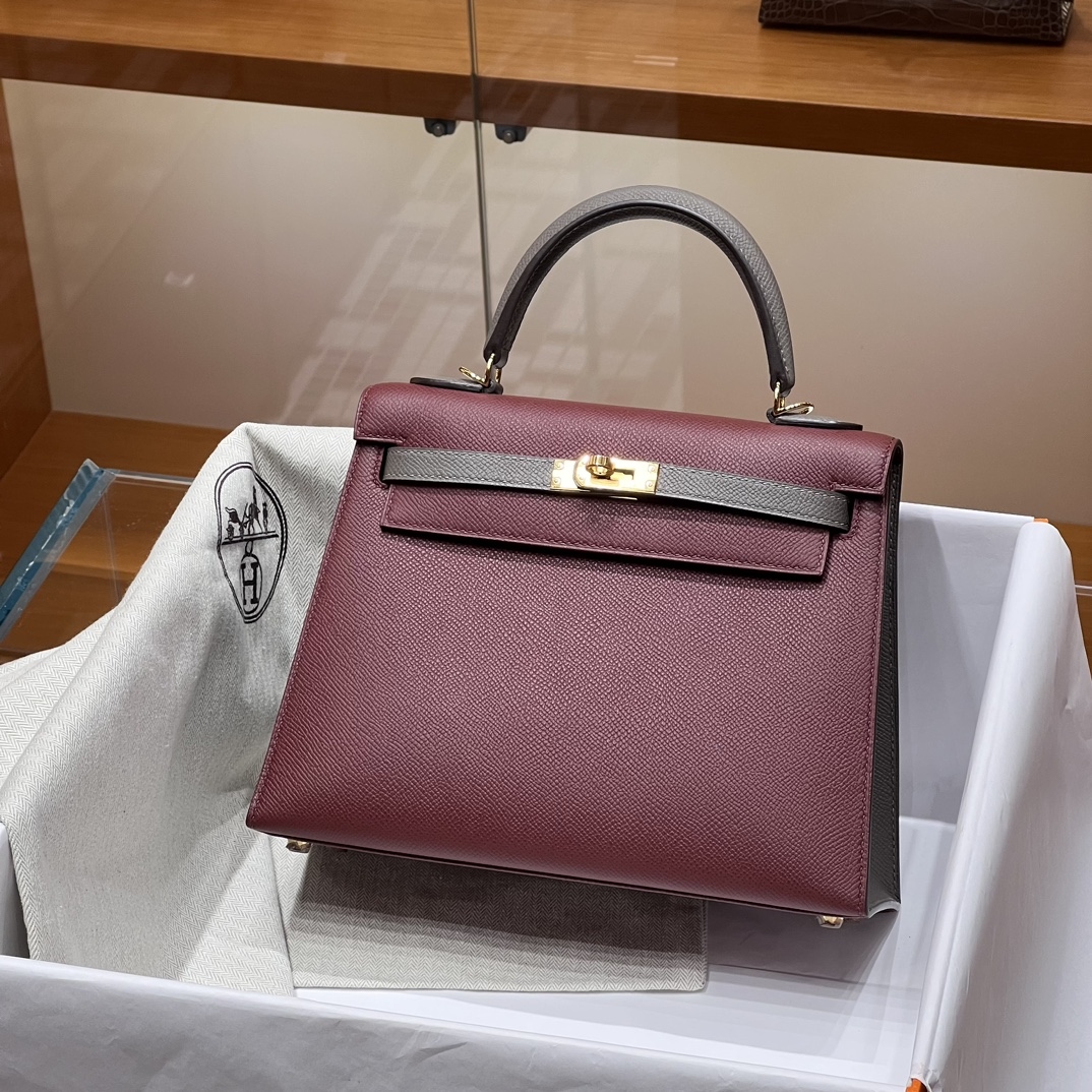 HERMES 爱马仕 Kelly 25 5E Vermillon朱砂红 8F Etain 锡器灰 进口蜜蜡线 全手工制作