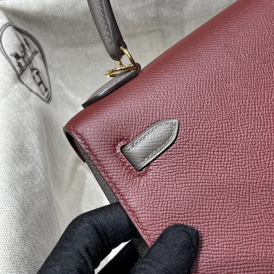 HERMES 爱马仕 Kelly 25 5E Vermillon朱砂红 8F Etain 锡器灰 进口蜜蜡线 全手工制作