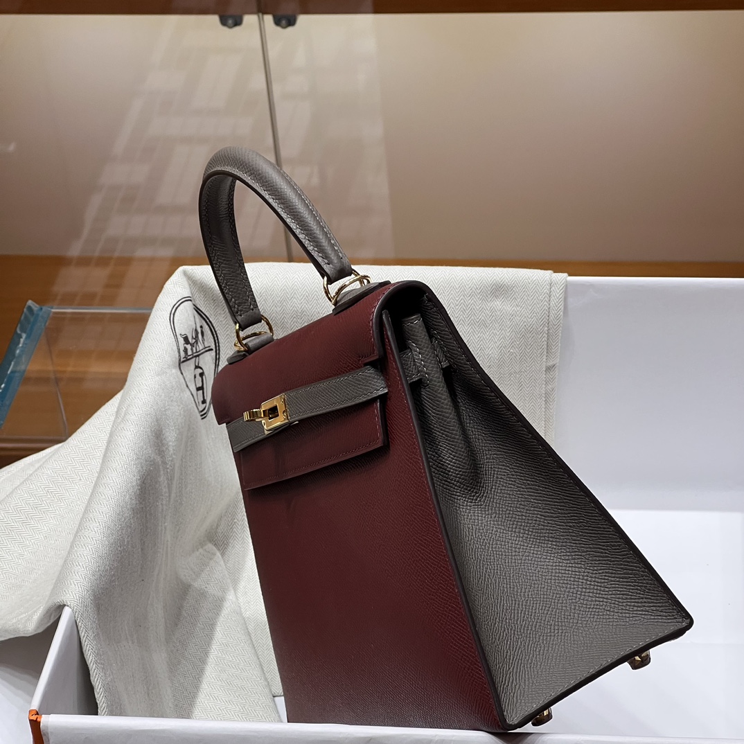 HERMES 爱马仕 Kelly 25 5E Vermillon朱砂红 8F Etain 锡器灰 进口蜜蜡线 全手工制作