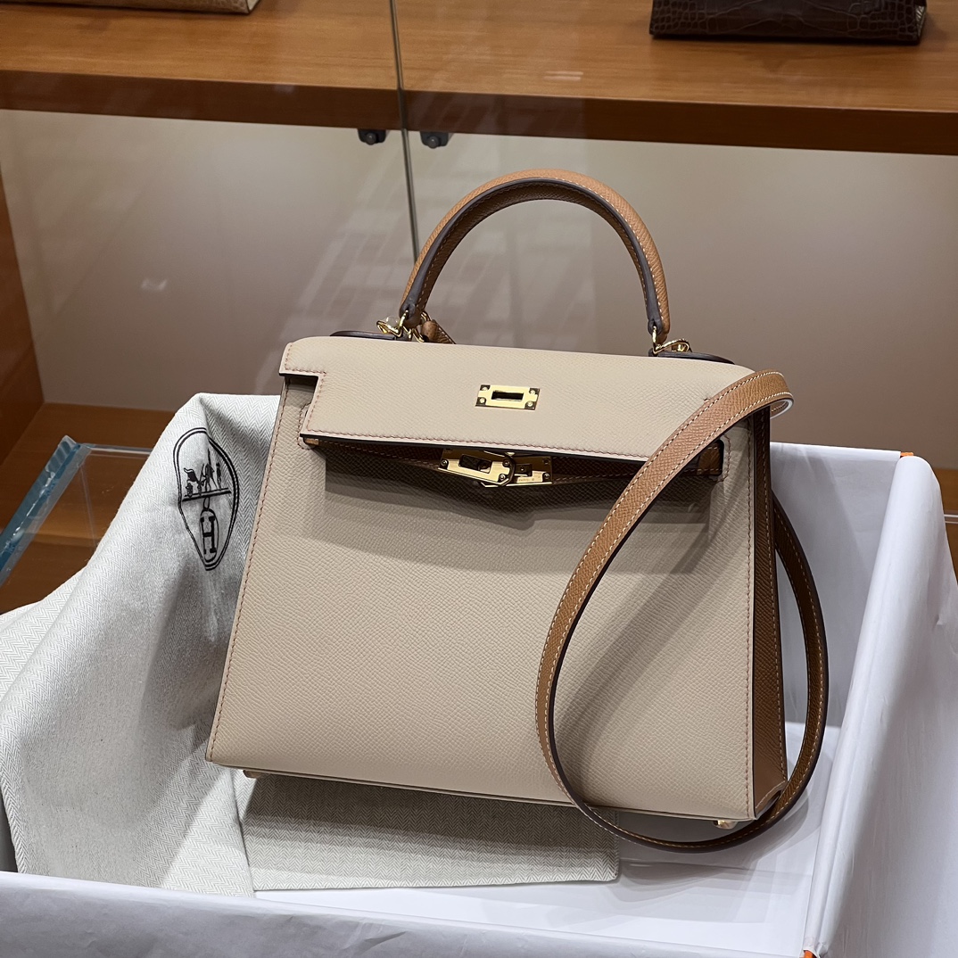 HERMES 爱马仕 Kelly 25 S2 Trench风衣米 CK37金棕色 进口蜜蜡线 全手工制作