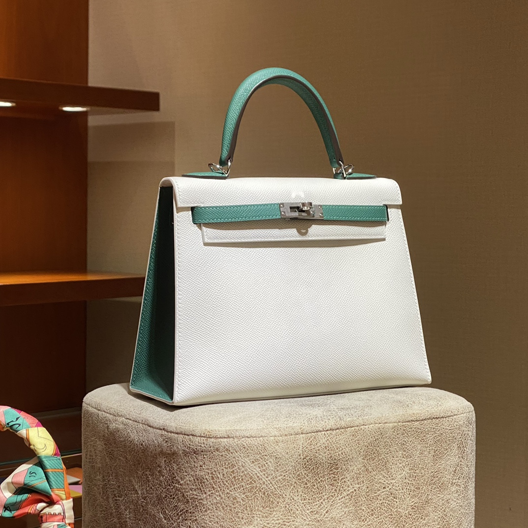 HERMES 爱马仕 Kelly 25 01 Blanc白色 Z6 Malachite孔雀绿 进口蜜蜡线 全手工制作