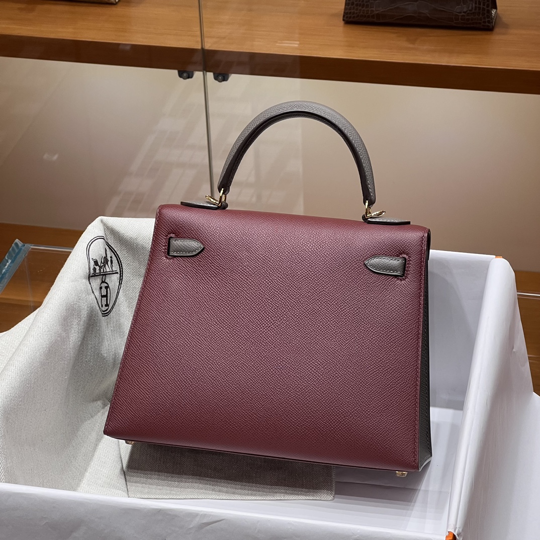 HERMES 爱马仕 Kelly 25 5E Vermillon朱砂红 8F Etain 锡器灰 进口蜜蜡线 全手工制作