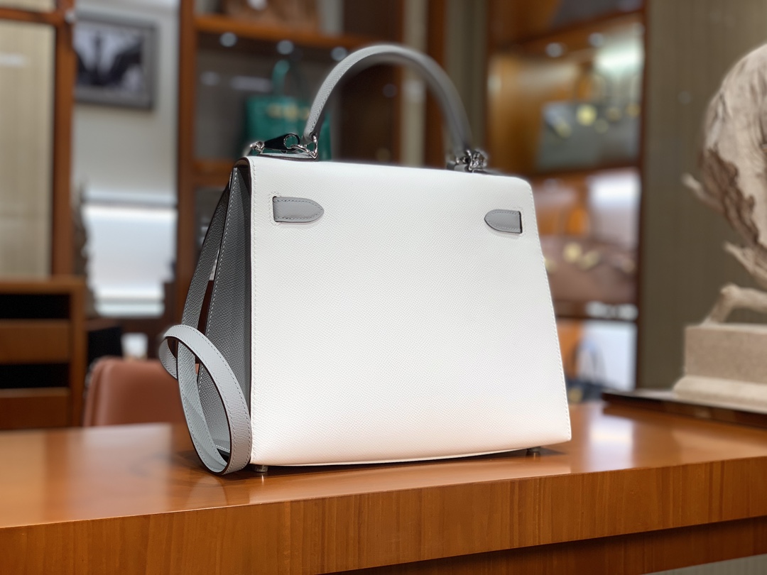HERMES 爱马仕 Kelly 25 01 Blanc白色 8M Gris Paris 巴黎灰 进口蜜蜡线 全手工制作