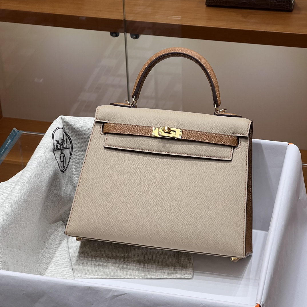 HERMES 爱马仕 Kelly 25 S2 Trench风衣米 CK37金棕色 进口蜜蜡线 全手工制作